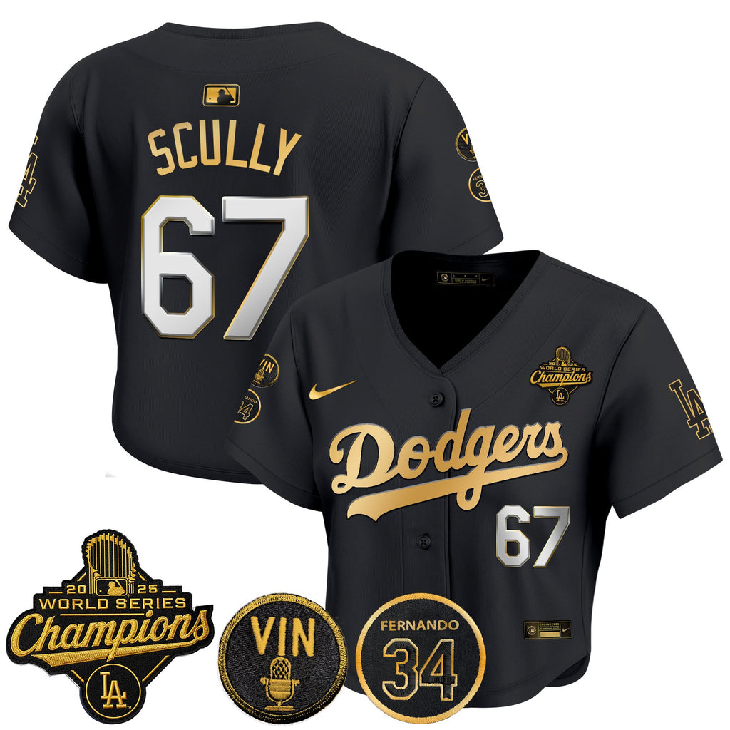 Women's Dodgers 2025 World Series Champions Crop Top Baseball Jersey - Vin Scully & Fernando Patch - All Stitched