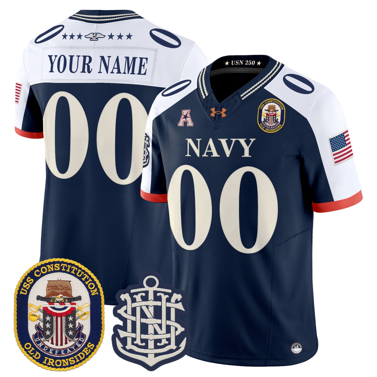 Navy Midshipmen 250th Anniversary Vapor Limited Custom Jersey - USS Constitution Patch - Stitched