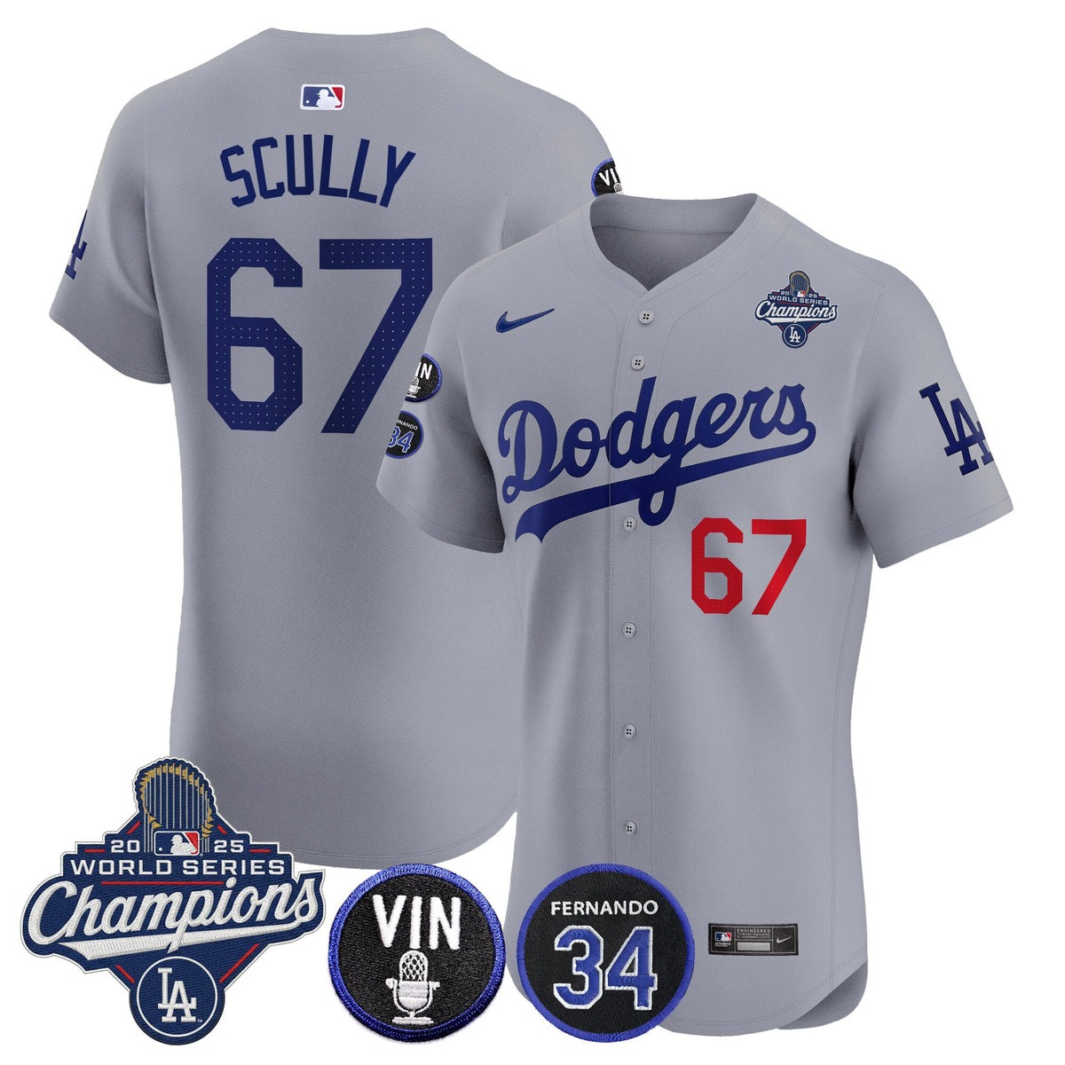 Men's Dodgers 2025 World Series Champions Vapor Premier Elite Jersey - Vin Scully & Fernando Patch - All Stitched