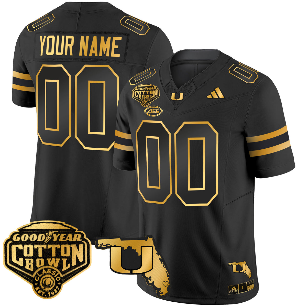 Miami Hurricanes 2025/26 Cotton Bowl & Florida Patch Gold Vapor Limited Custom Jersey - All Stitched