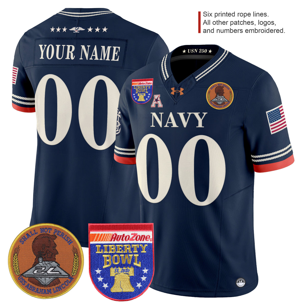 Navy Midshipmen 250th Anniversary Vapor Limited Custom Jersey - 2026 Liberty Bowl Patch - Stitched
