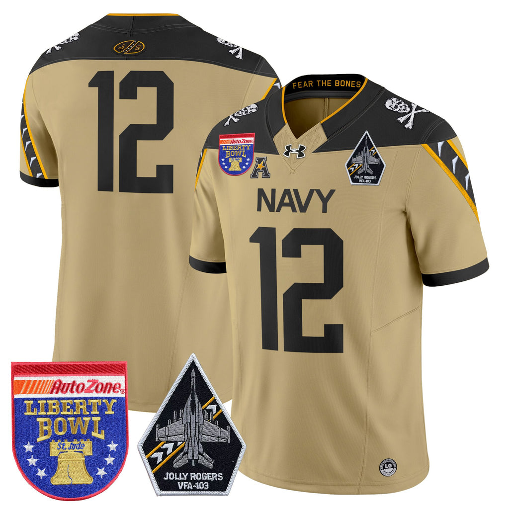 Men's Navy Midshipmen 'Jolly Rogers Edition' Vapor Limited Jersey - 2026 Liberty Bowl Patch - All Stitched
