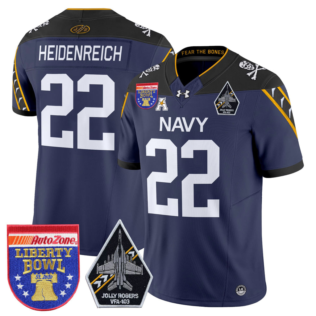 Men's Navy Midshipmen 'Jolly Rogers Edition' Vapor Limited Jersey - 2026 Liberty Bowl Patch - All Stitched