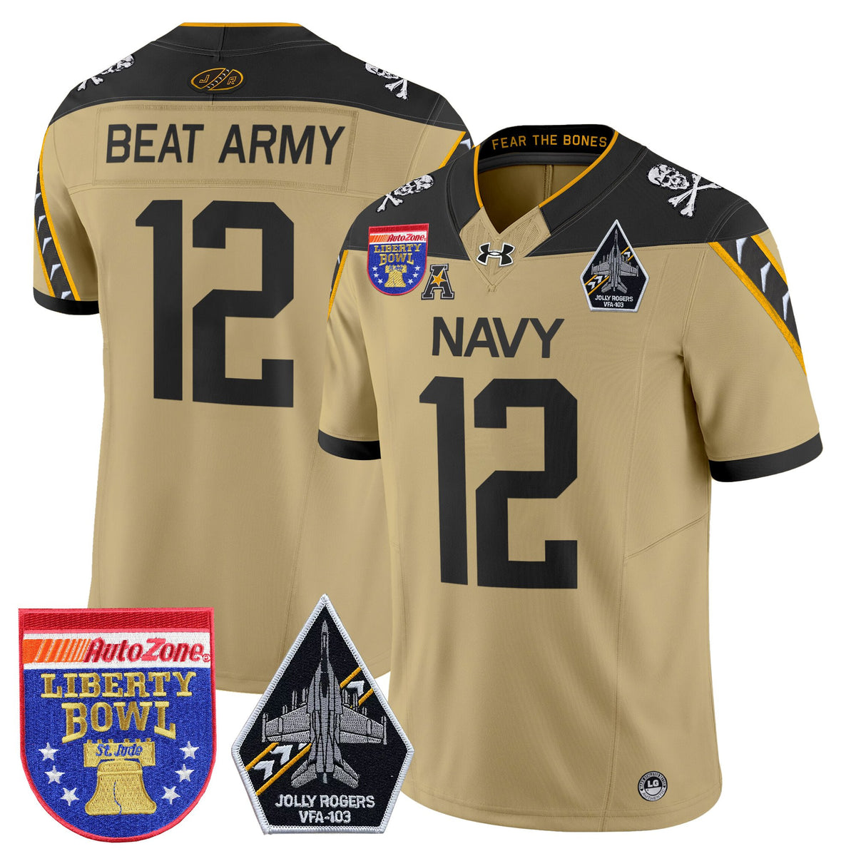 Men's Navy Midshipmen 'Jolly Rogers Edition' Vapor Limited Jersey - 2026 Liberty Bowl Patch - All Stitched