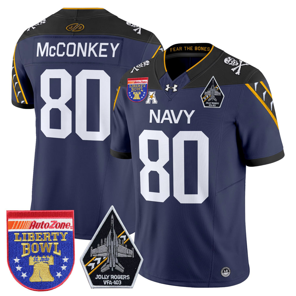 Men's Navy Midshipmen 'Jolly Rogers Edition' Vapor Limited Jersey - 2026 Liberty Bowl Patch - All Stitched