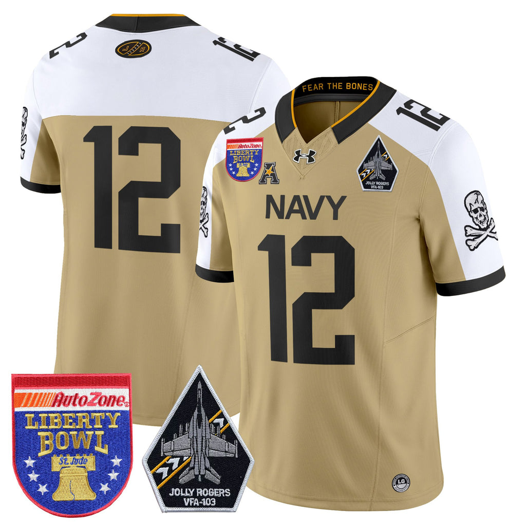 Men's Navy Midshipmen 'Jolly Rogers Edition' Vapor Limited Jersey - 2026 Liberty Bowl Patch - All Stitched