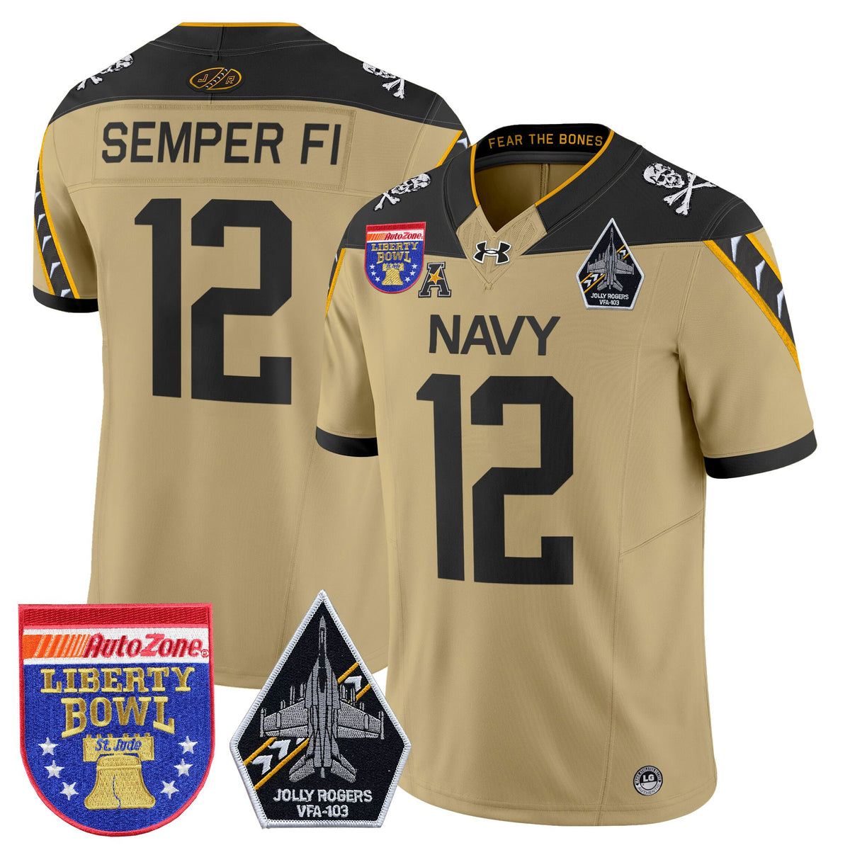 Men's Navy Midshipmen 'Jolly Rogers Edition' Vapor Limited Jersey - 2026 Liberty Bowl Patch - All Stitched