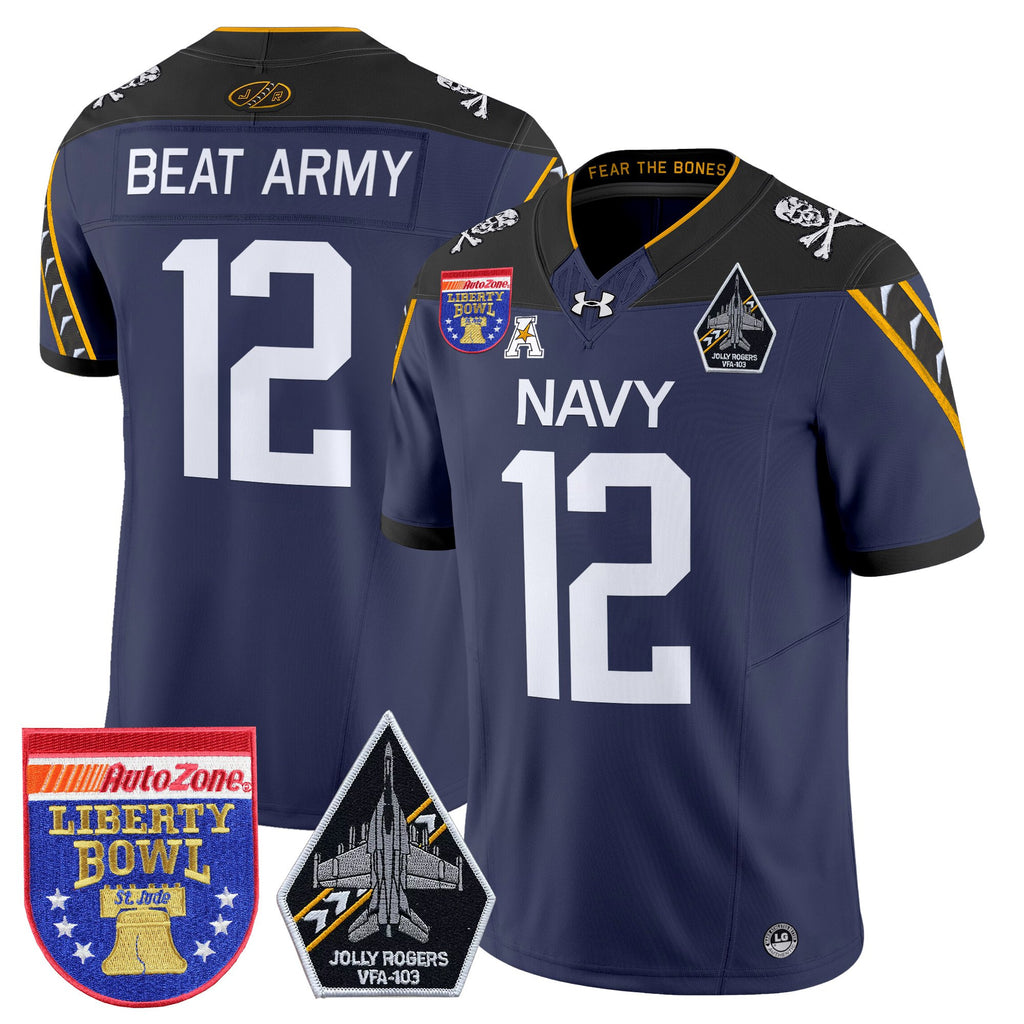 Men's Navy Midshipmen 'Jolly Rogers Edition' Vapor Limited Jersey - 2026 Liberty Bowl Patch - All Stitched
