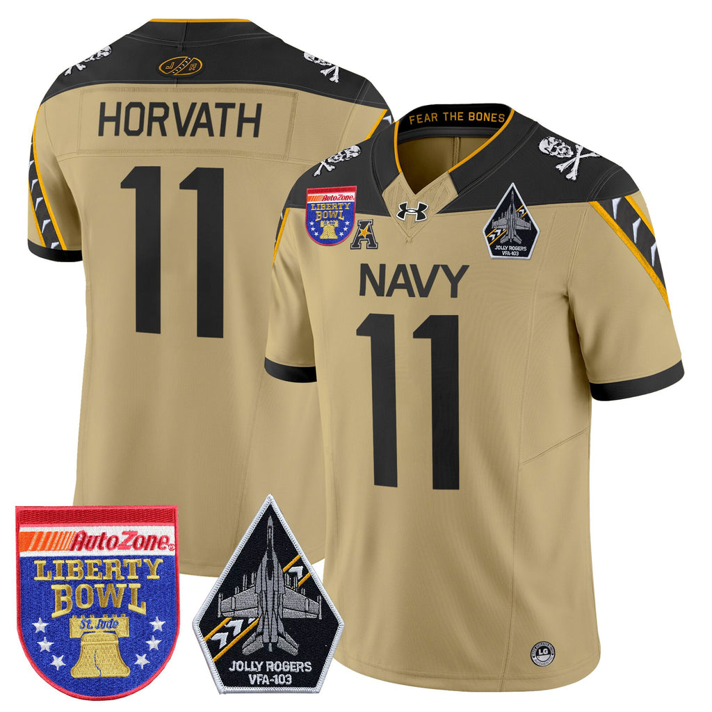 Men's Navy Midshipmen 'Jolly Rogers Edition' Vapor Limited Jersey - 2026 Liberty Bowl Patch - All Stitched