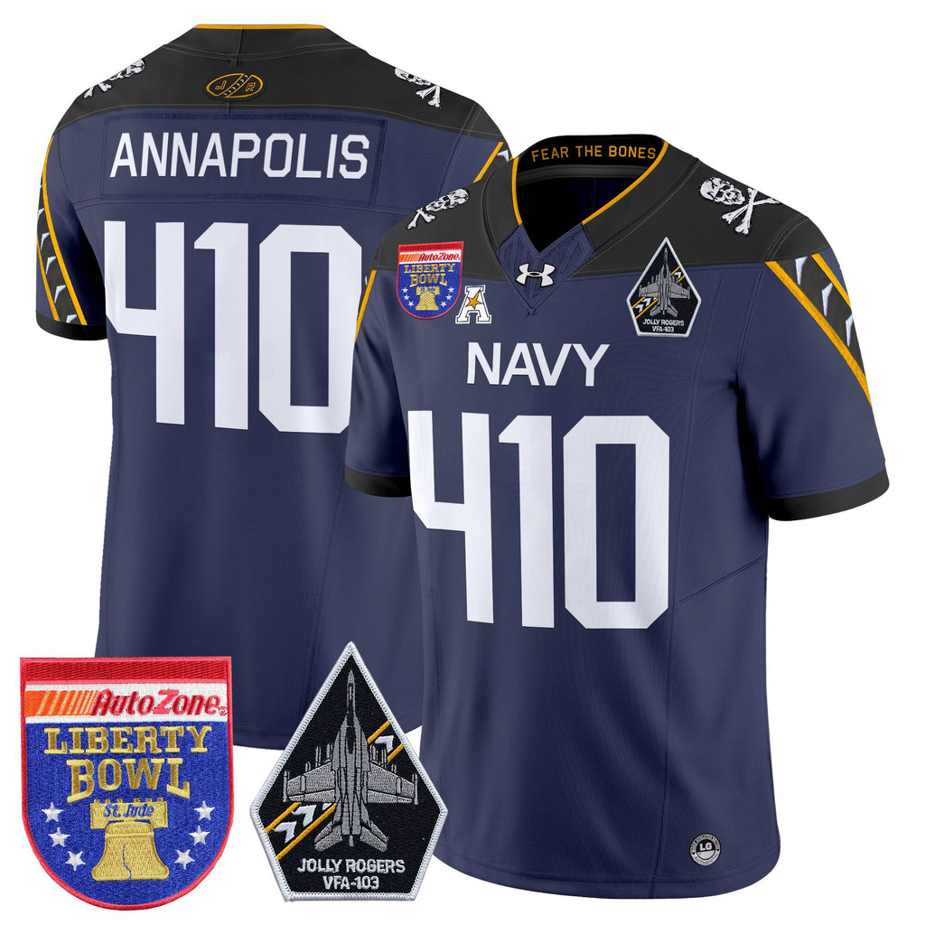Men's Navy Midshipmen 'Jolly Rogers Edition' Vapor Limited Jersey - 2026 Liberty Bowl Patch - All Stitched