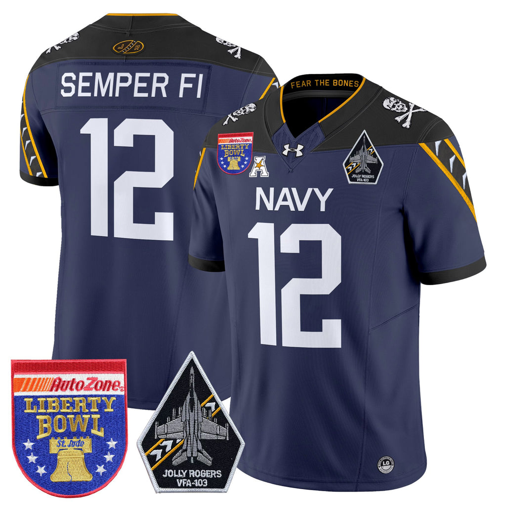 Men's Navy Midshipmen 'Jolly Rogers Edition' Vapor Limited Jersey - 2026 Liberty Bowl Patch - All Stitched