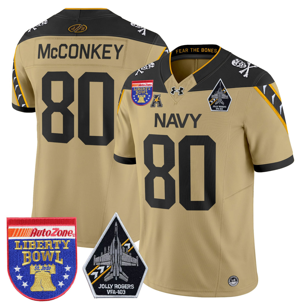 Men's Navy Midshipmen 'Jolly Rogers Edition' Vapor Limited Jersey - 2026 Liberty Bowl Patch - All Stitched
