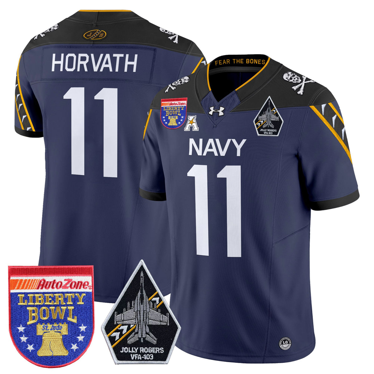 Men's Navy Midshipmen 'Jolly Rogers Edition' Vapor Limited Jersey - 2026 Liberty Bowl Patch - All Stitched