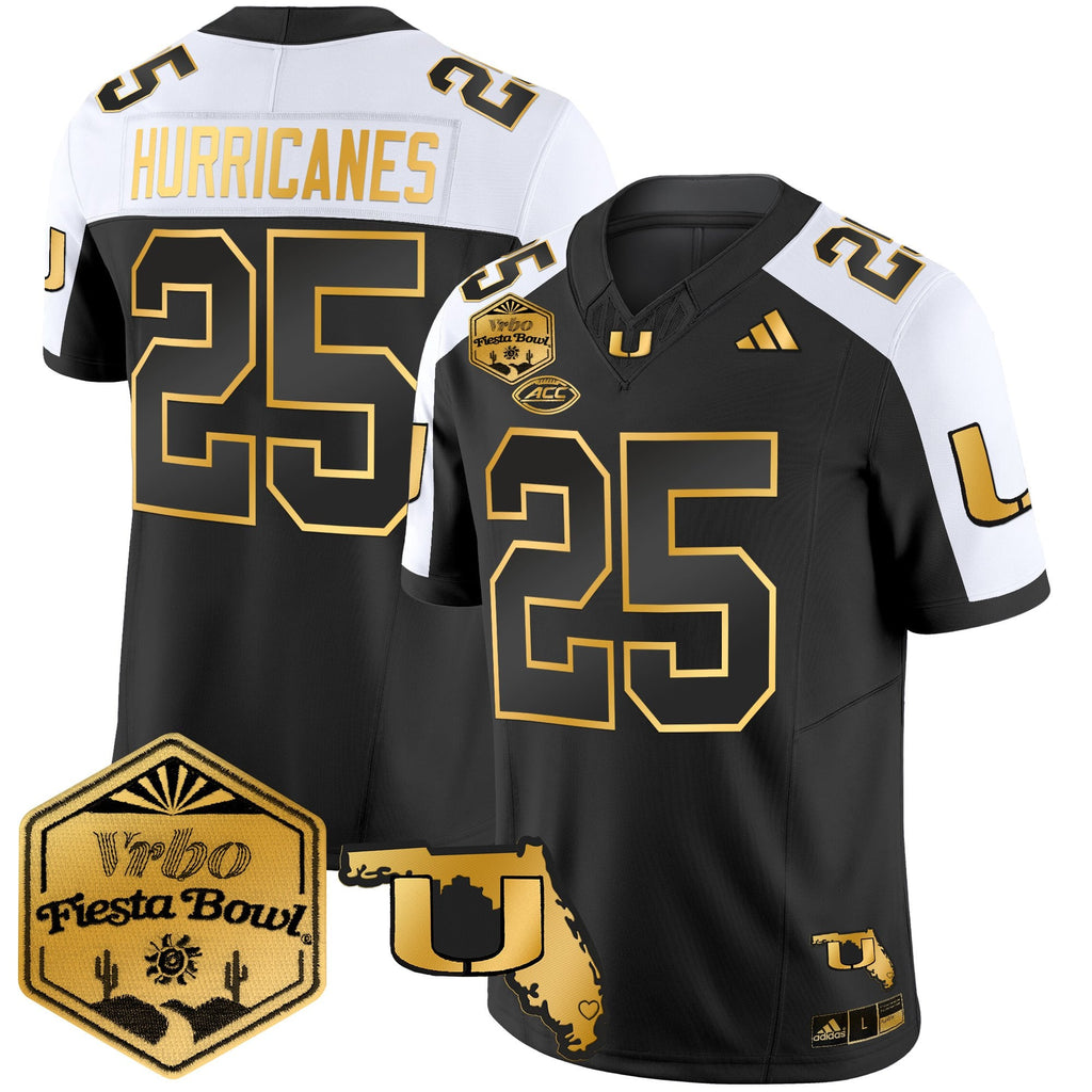 Men's Miami Hurricanes 2026 The Fiesta Bowl & Florida Patch Gold Vapor Limited Jersey - All Stitched