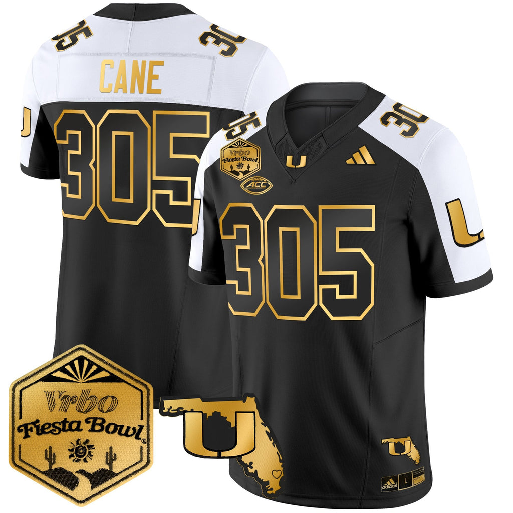 Men's Miami Hurricanes 2026 The Fiesta Bowl & Florida Patch Gold Vapor Limited Jersey - All Stitched
