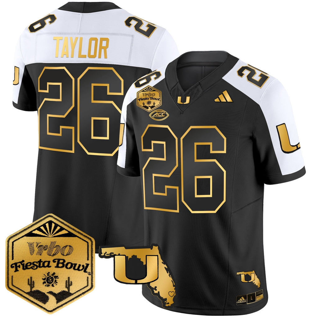 Men's Miami Hurricanes 2026 The Fiesta Bowl & Florida Patch Gold Vapor Limited Jersey - All Stitched