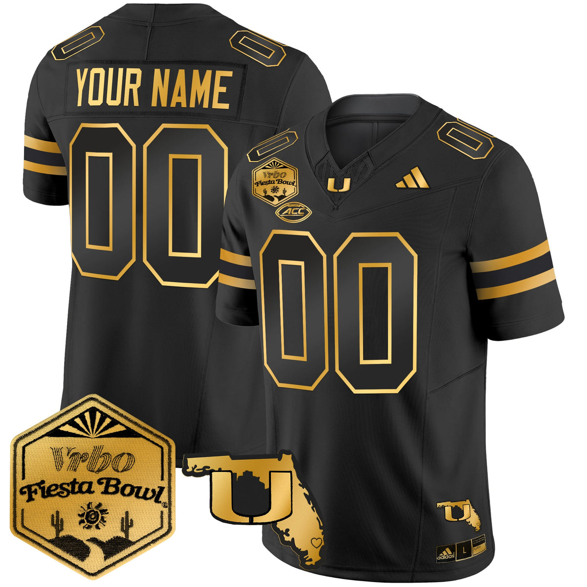 Miami Hurricanes 2026 The Fiesta Bowl & Florida Patch Gold Vapor Limited Custom Jersey - All Stitched