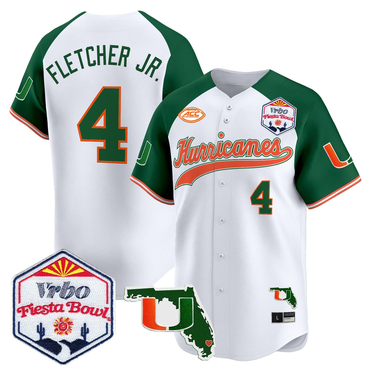 Men's Miami Hurricanes 2026 The Fiesta Bowl & Florida Patch Vapor Baseball Jersey - All Stitched