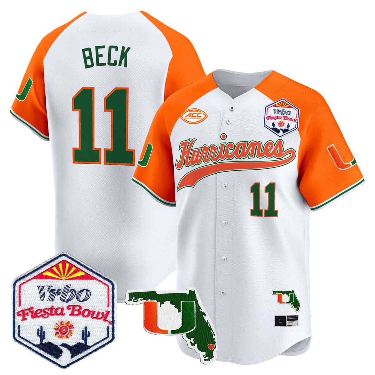 Men's Miami Hurricanes 2026 The Fiesta Bowl & Florida Patch Vapor Baseball Jersey - All Stitched