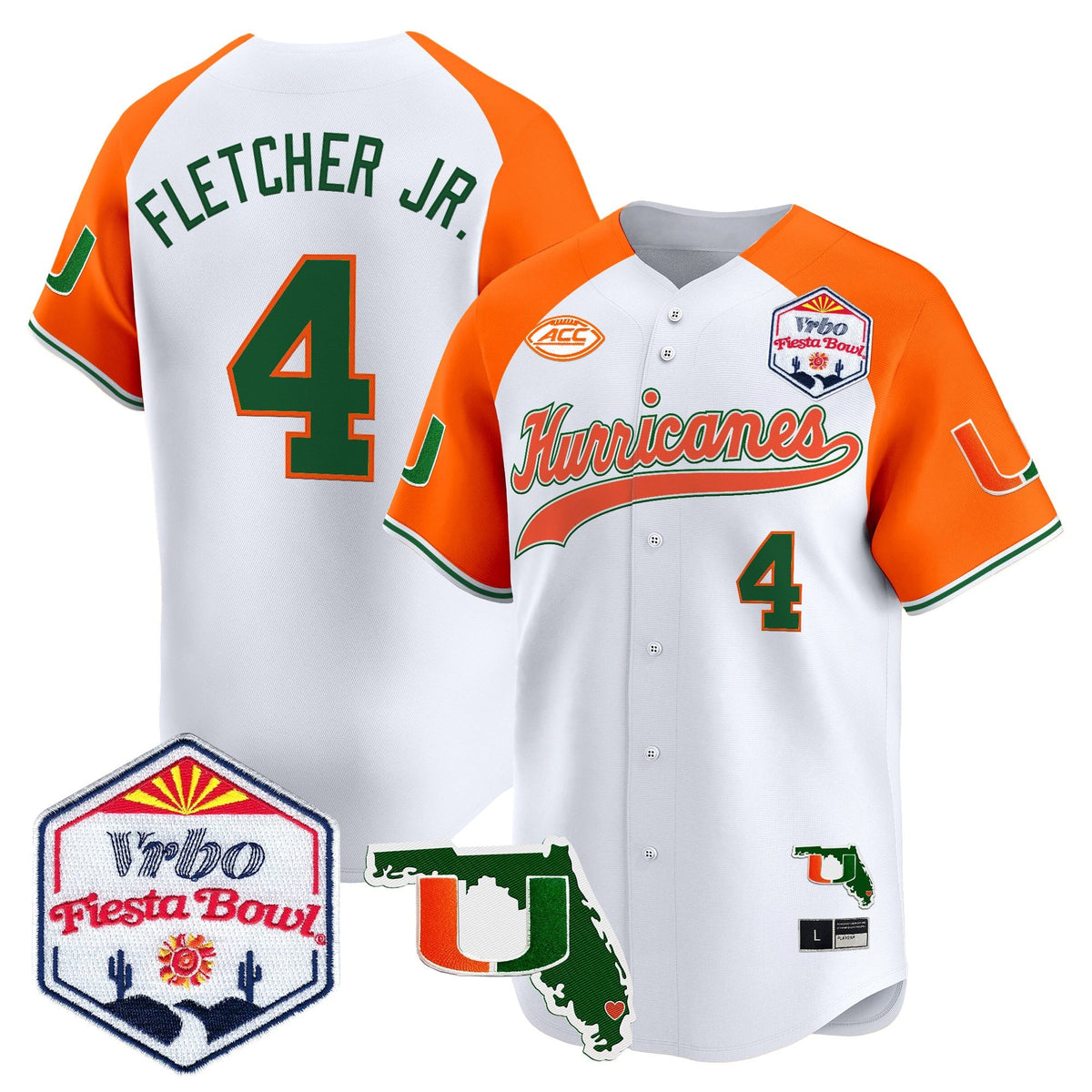 Men's Miami Hurricanes 2026 The Fiesta Bowl & Florida Patch Vapor Baseball Jersey - All Stitched