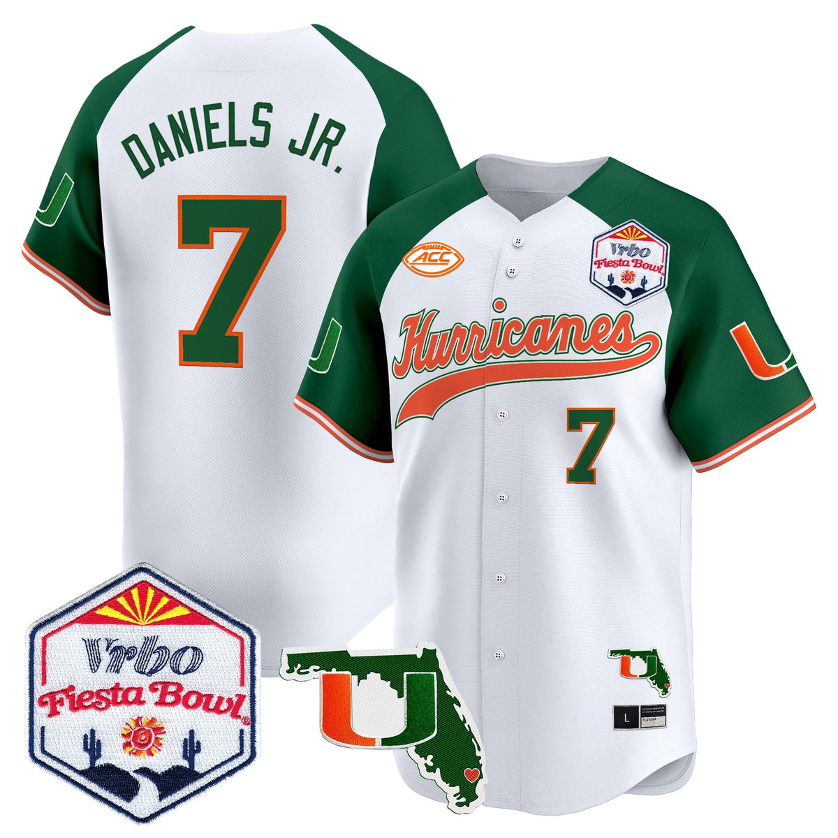 Men's Miami Hurricanes 2026 The Fiesta Bowl & Florida Patch Vapor Baseball Jersey - All Stitched