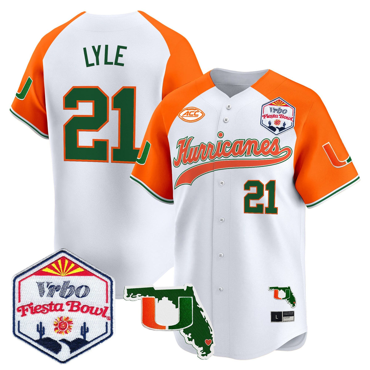 Men's Miami Hurricanes 2026 The Fiesta Bowl & Florida Patch Vapor Baseball Jersey - All Stitched