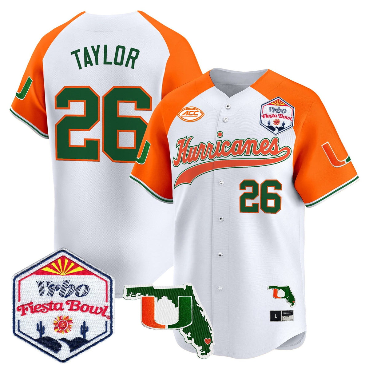 Men's Miami Hurricanes 2026 The Fiesta Bowl & Florida Patch Vapor Baseball Jersey - All Stitched