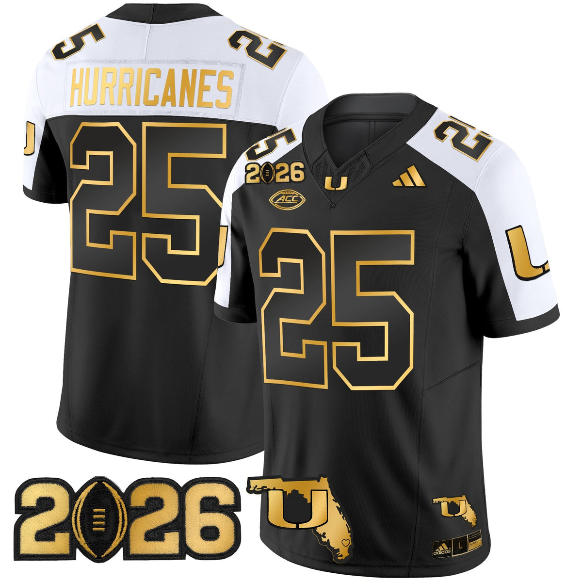 Men's Miami Hurricanes 2026 CFP Final & Florida Patch Gold Vapor Limited Jersey - All Stitched
