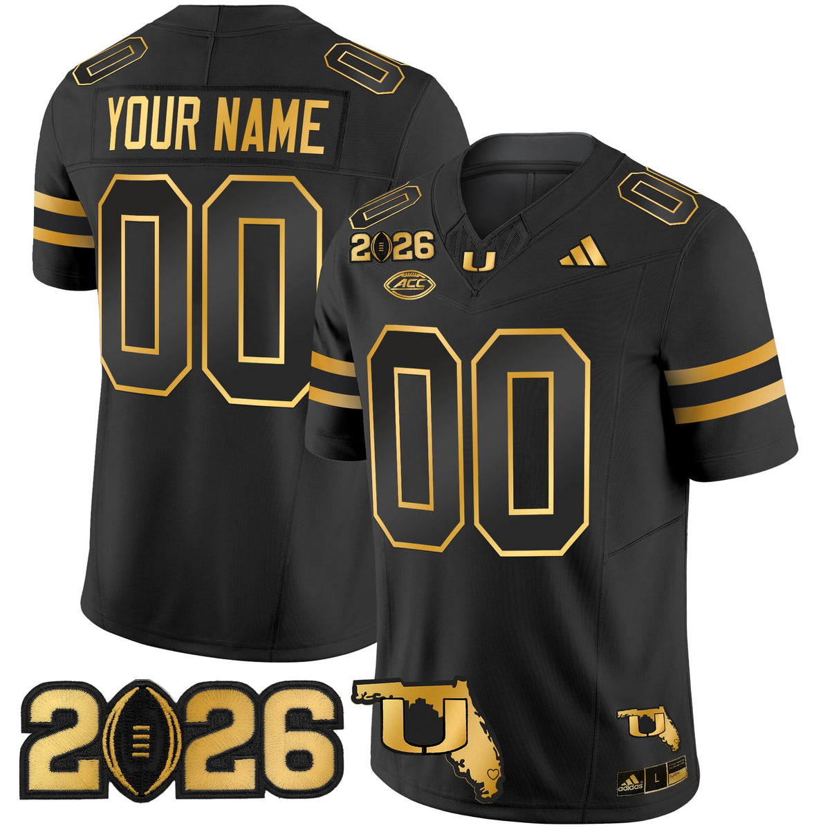 Miami Hurricanes 2026 CFP Final & Florida Patch Gold Vapor Limited Custom Jersey - All Stitched