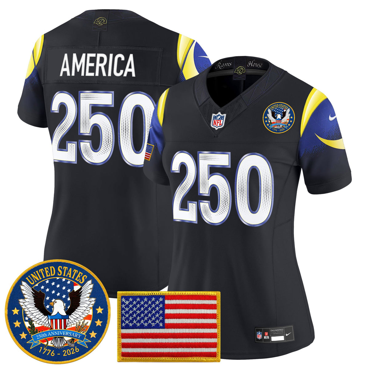 Women's Los Angeles Rams 2025 "United States 250th Anniversary Patch" Vapor Limited Jersey - All Stitched