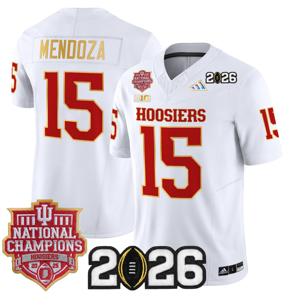 Men's Indiana Hoosiers 2025 National Champions & 2026 CFP Final Patch Gold Trim Vapor Limited Jersey - All Stitched