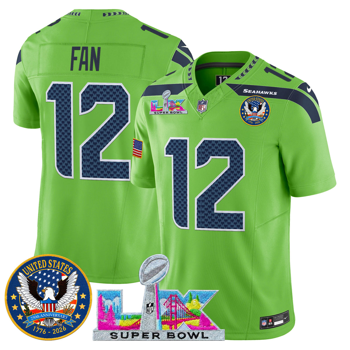 Men's Seattle Seahawks "Super Bowl LX & United States 250th Patch" Vapor Limited Jersey - All Stitched