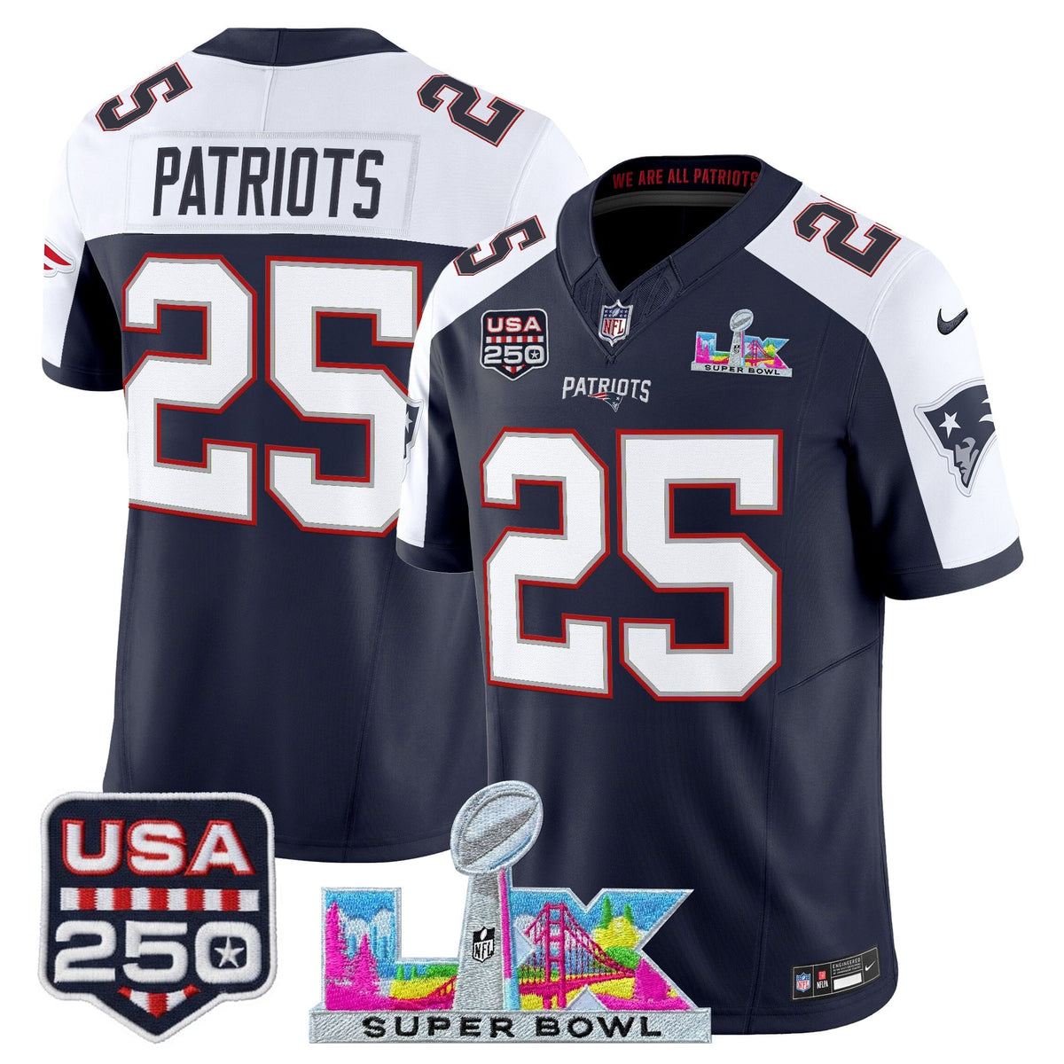 Men's New England Patriots "Super Bowl LX & United States 250th Anniversary Patch" Vapor Limited Jersey - All Stitched