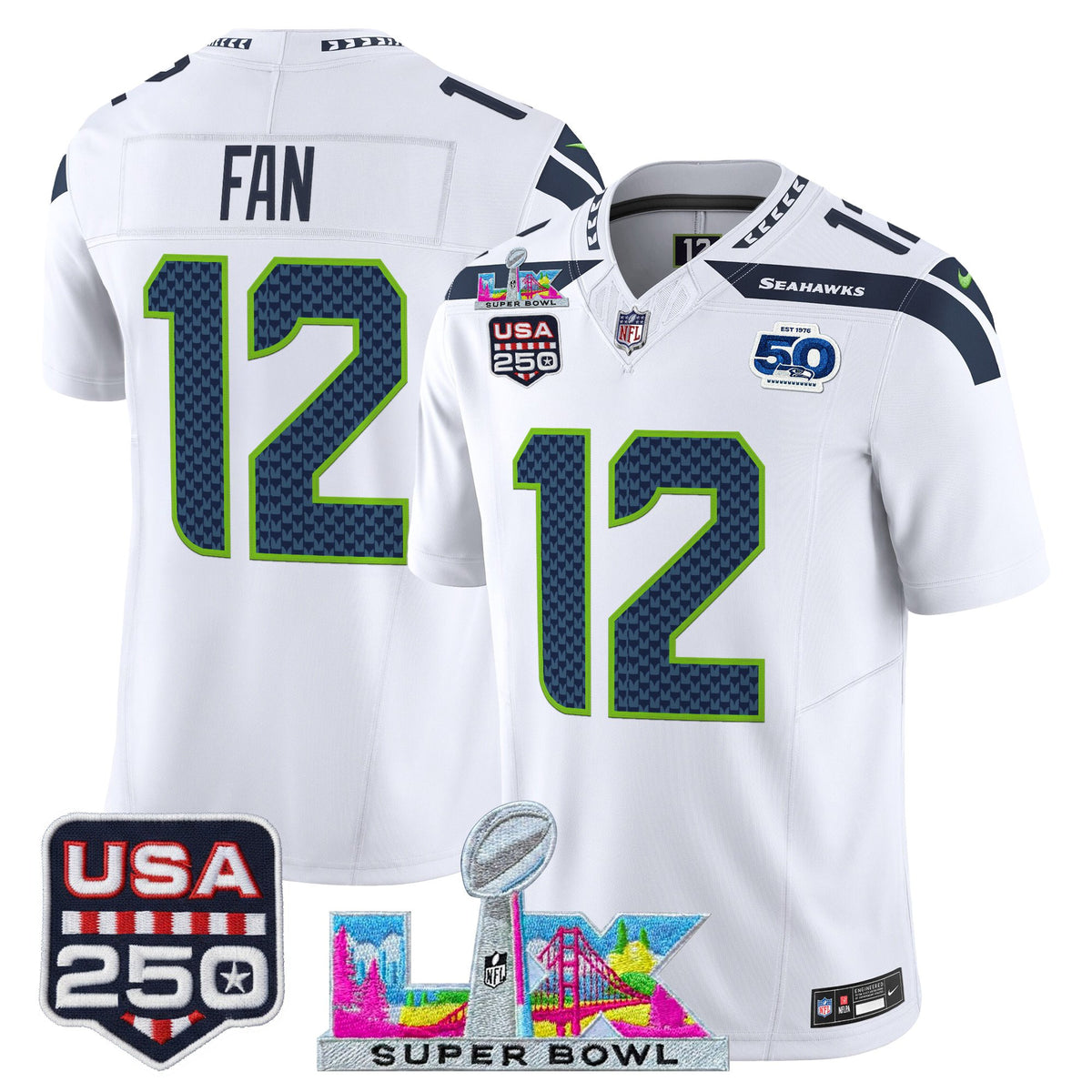 Men's Seattle Seahawks "Super Bowl LX & United States 250th Anniversary Patch" Vapor Limited Jersey - All Stitched