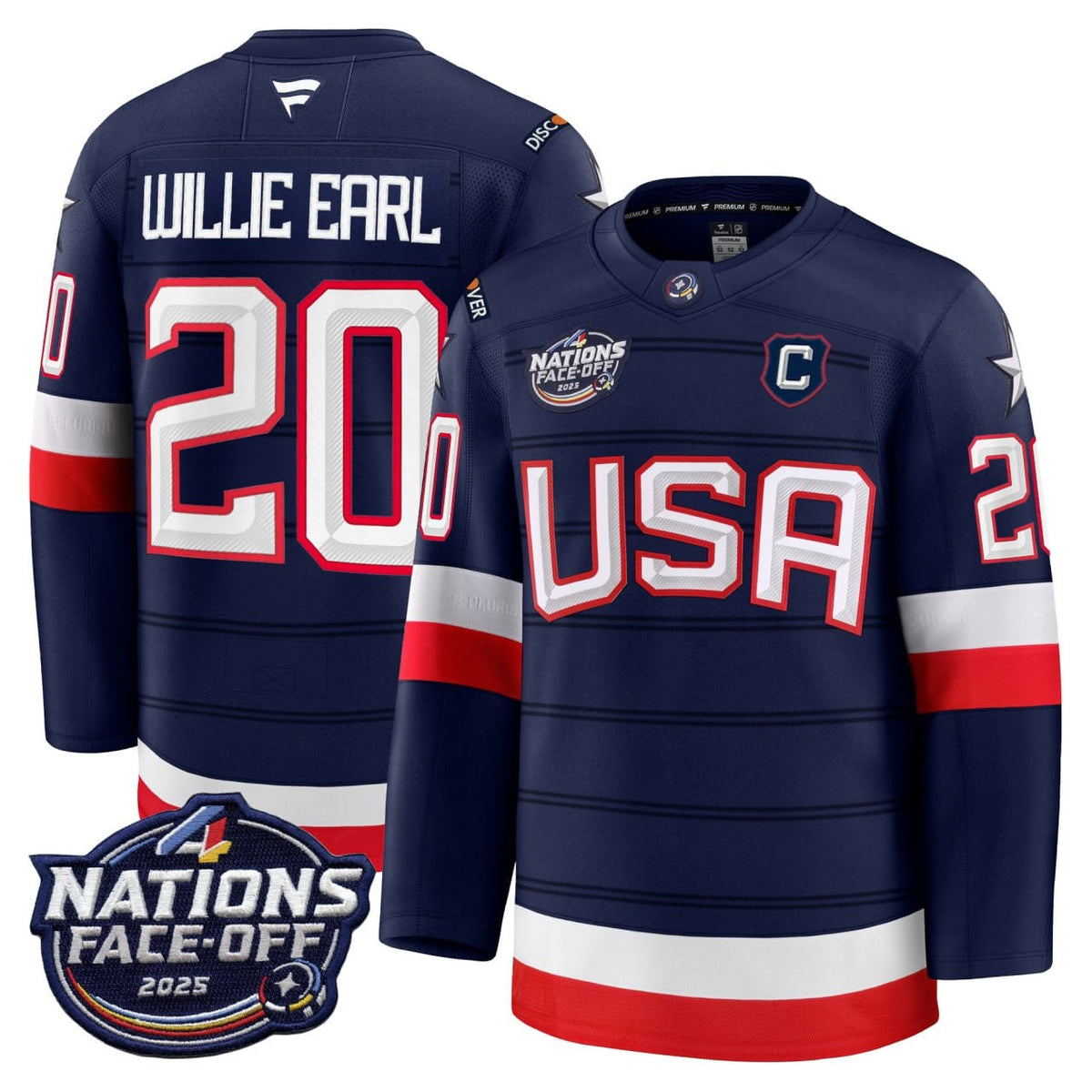 Willie Earl USA 4 Nations Face-Off Discoverey Patch Premium Jersey - All Stitched