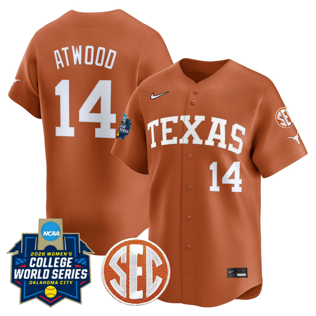 Men's size - Texas Longhorns Softball 2026 World Series (WCWS) Vapor Premier Limited Jersey - All Stitched