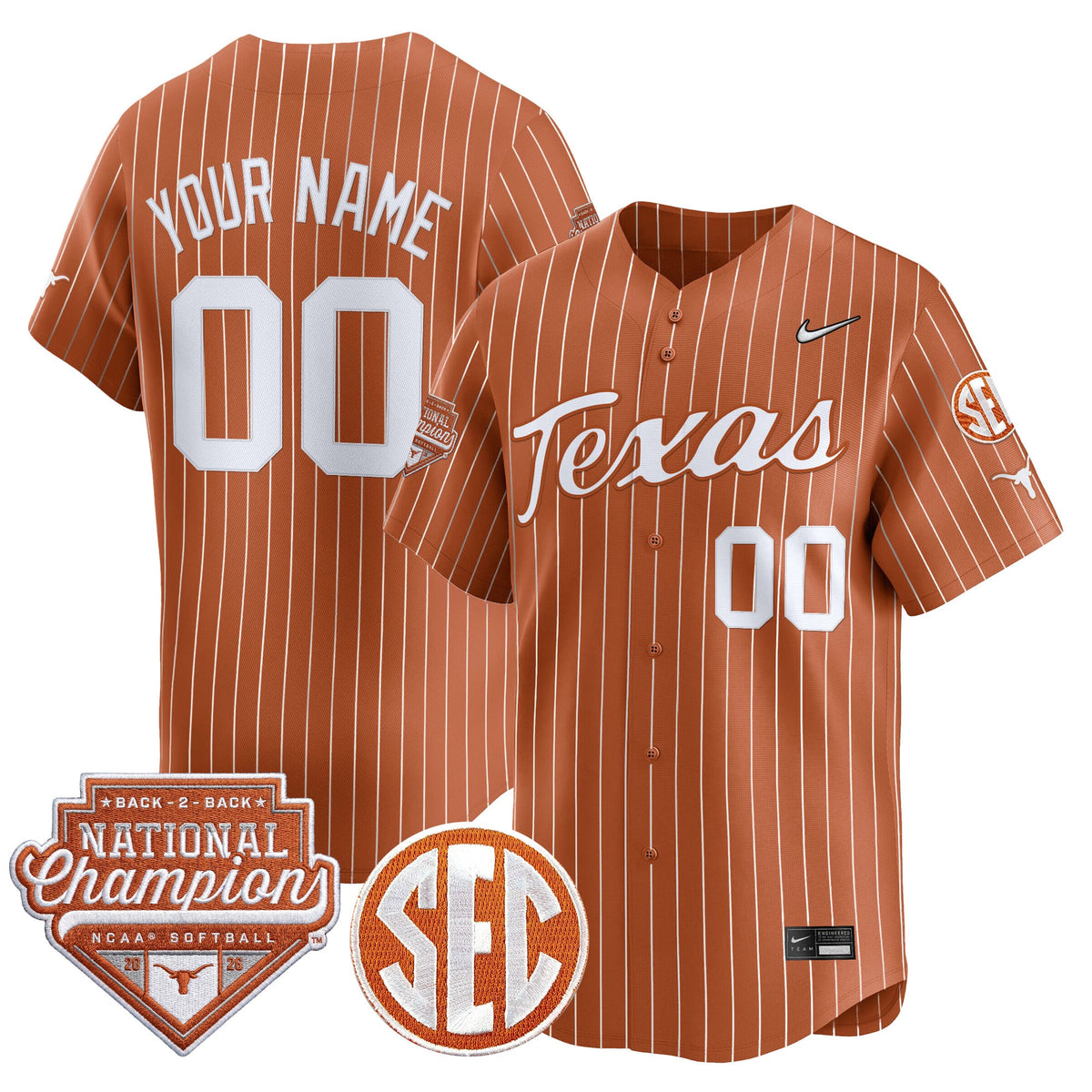 Texas Longhorns 2026 Back-To-Back World Series (WCWS) Champions Vapor Premier Limited Custom Jersey - All Stitched