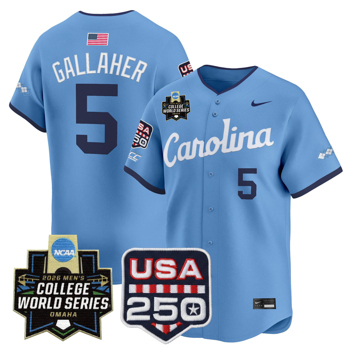 Men's North Carolina Tar Heels 2026 World Series Vapor Premier Limited Jersey - 250 America Patch - All Stitched