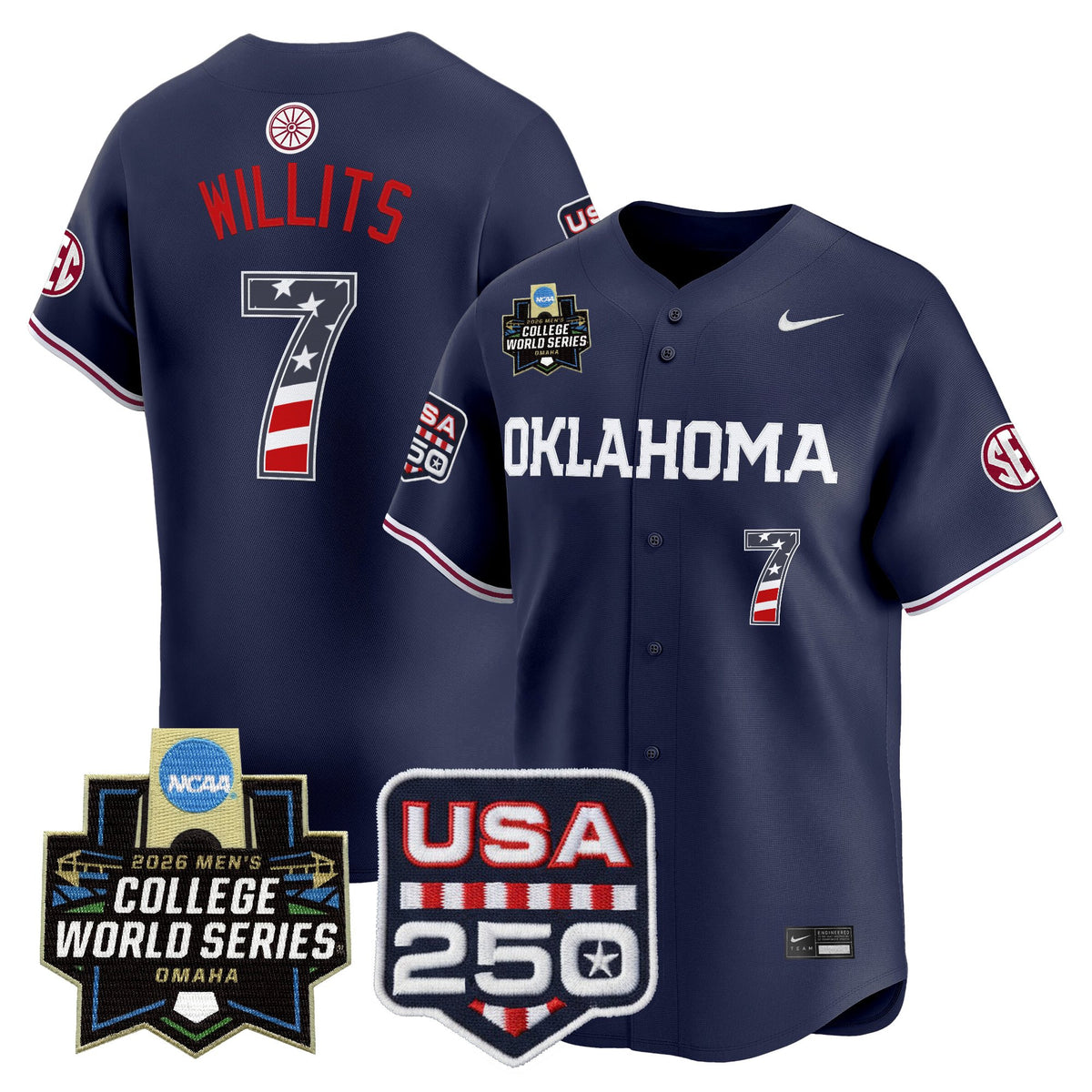 Men's Oklahoma Sooners USA 250 Fourth of July Vapor Premier Limited Jersey - 2026 World Series Patch - All Stitched