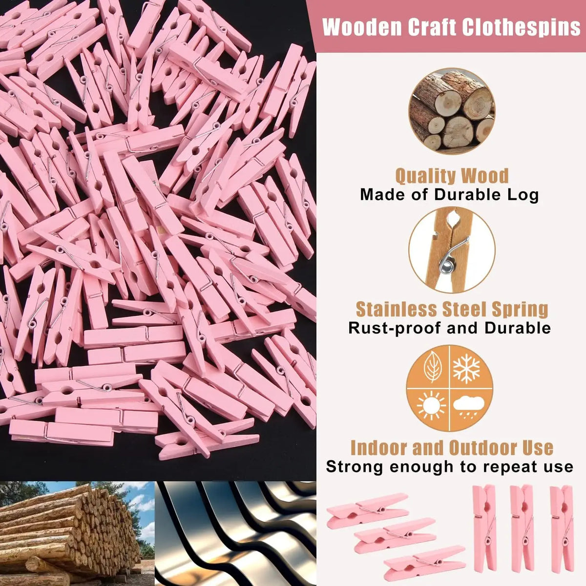 100Pcs Pink Wooden Clothespins 1.77in for Hanging Photos and Paper Crafts with Rust-Proof Spring