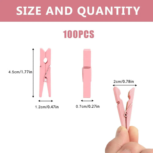 100Pcs Pink Wooden Clothespins 1.77in for Hanging Photos and Paper Crafts with Rust-Proof Spring