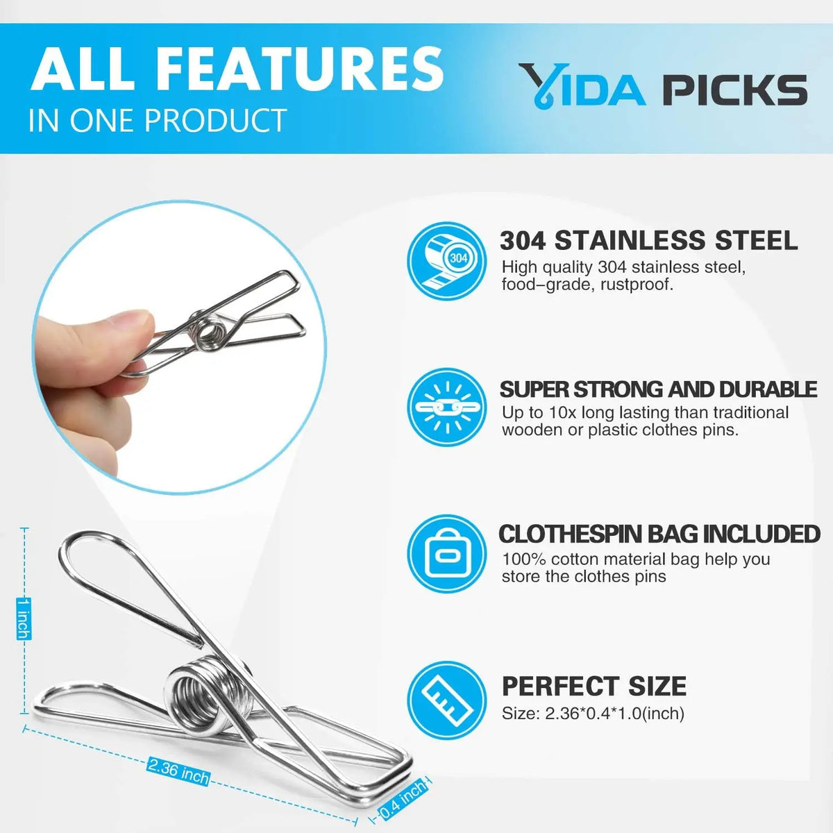 40 Pack Stainless Steel Clothespins Heavy Duty Outdoor, Metal Clothes Pegs with Storage Bag for Hanging Clothes, Laundry